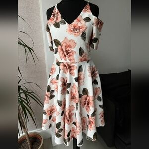 QED London Asymmetrical Floral Dress - Pink and White